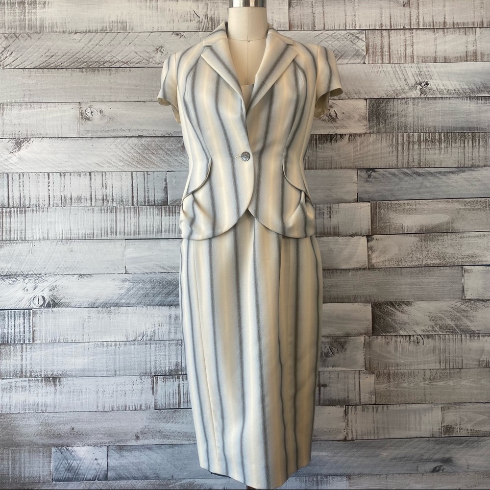 John Galliano light blue, cream, gray size 6 sleeveless dress with fitted jacket